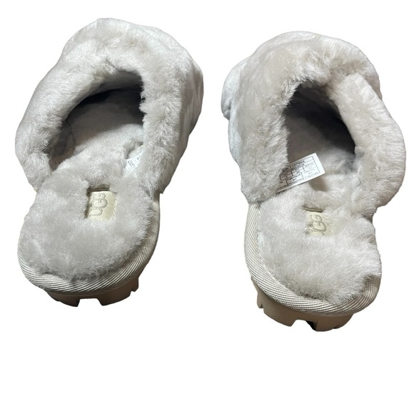 UGG Fuzzette Fluffy Cross Strap Sheepskin Slippers Goat Silver Grey NEW Size 5 - Picture 4 of 11